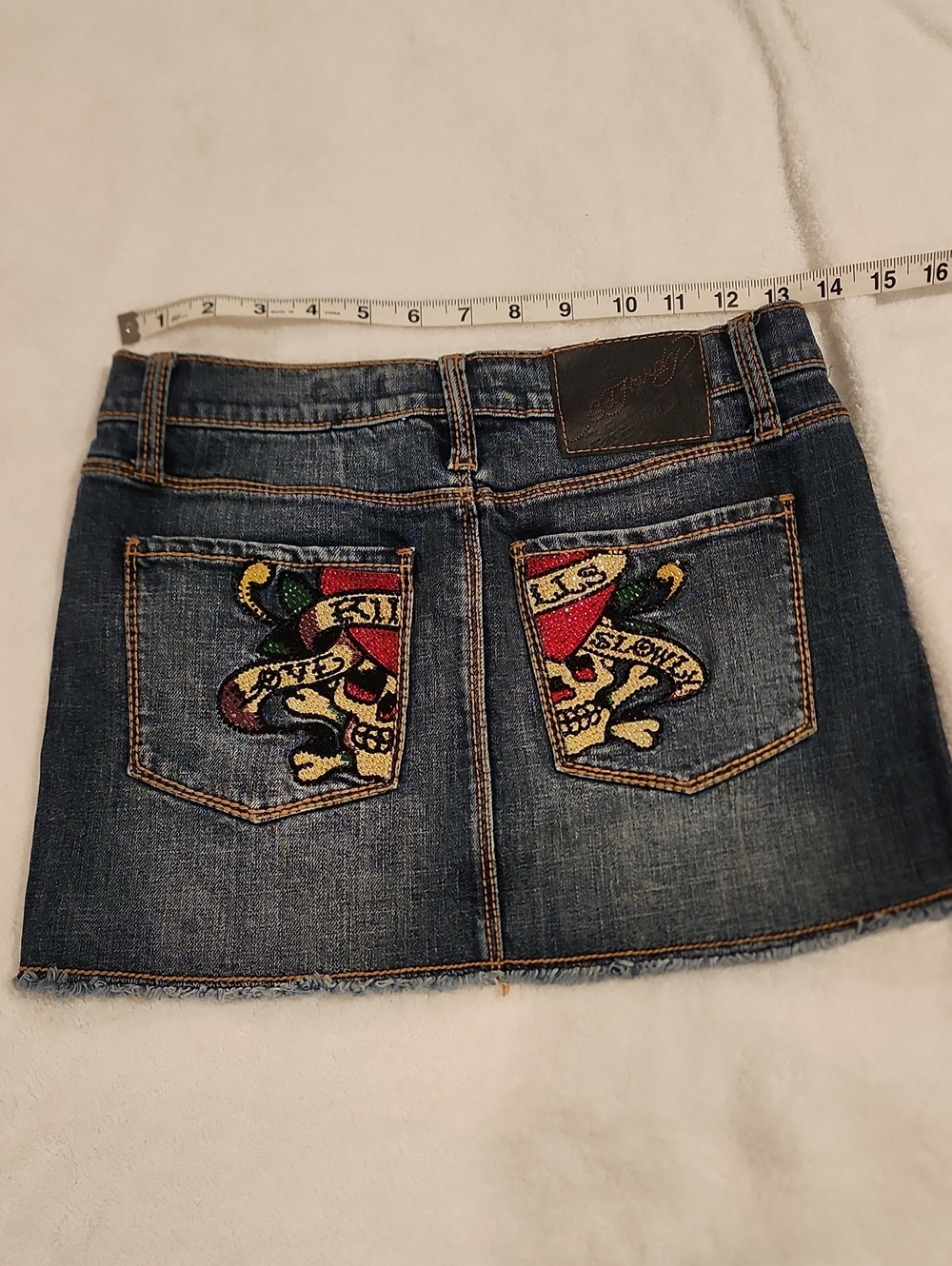 Ed Hardy Dark Blue Denim Mini Skirt Colorful Bling Skull Pockets Sz 25